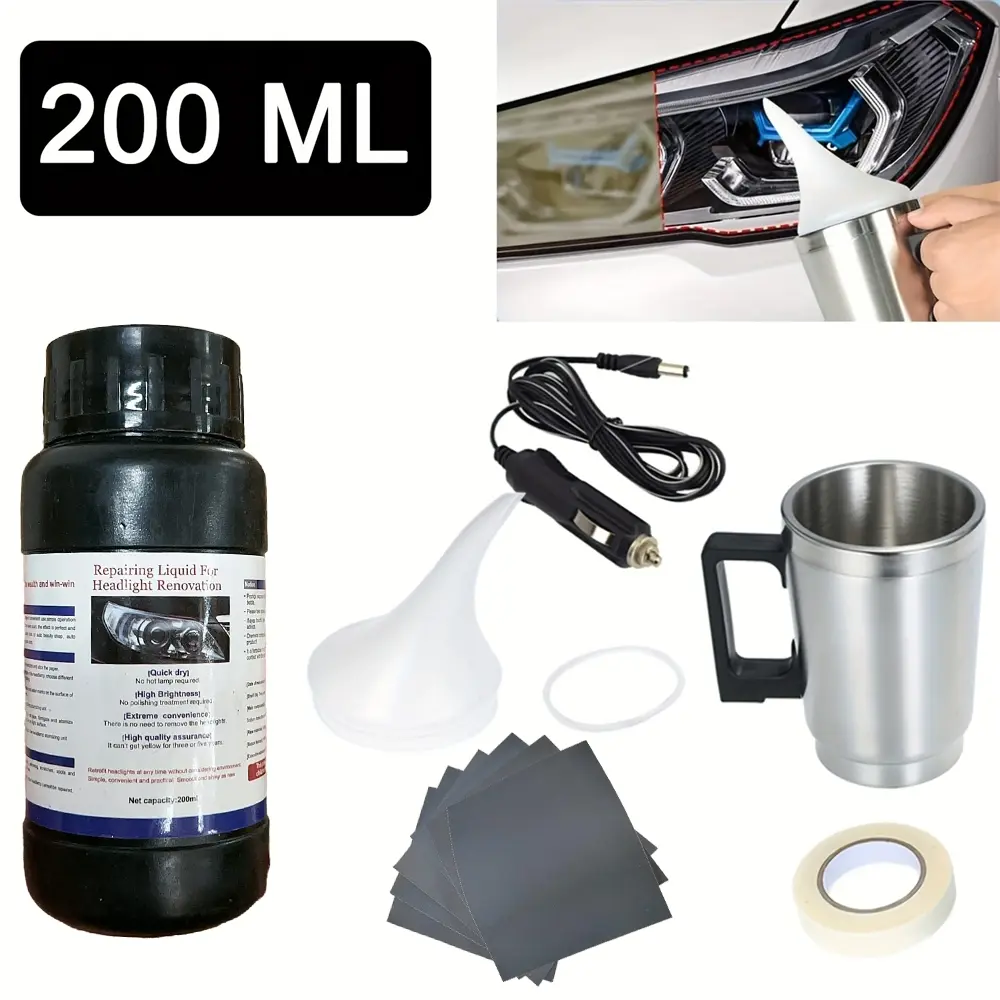Car Headlight Restoration Kit with 200ml Repair Liquid & Heating Vapor Cup, Plug-In Headlight Lens Restorer, No-Polish Vapor Renewal Tool Set
