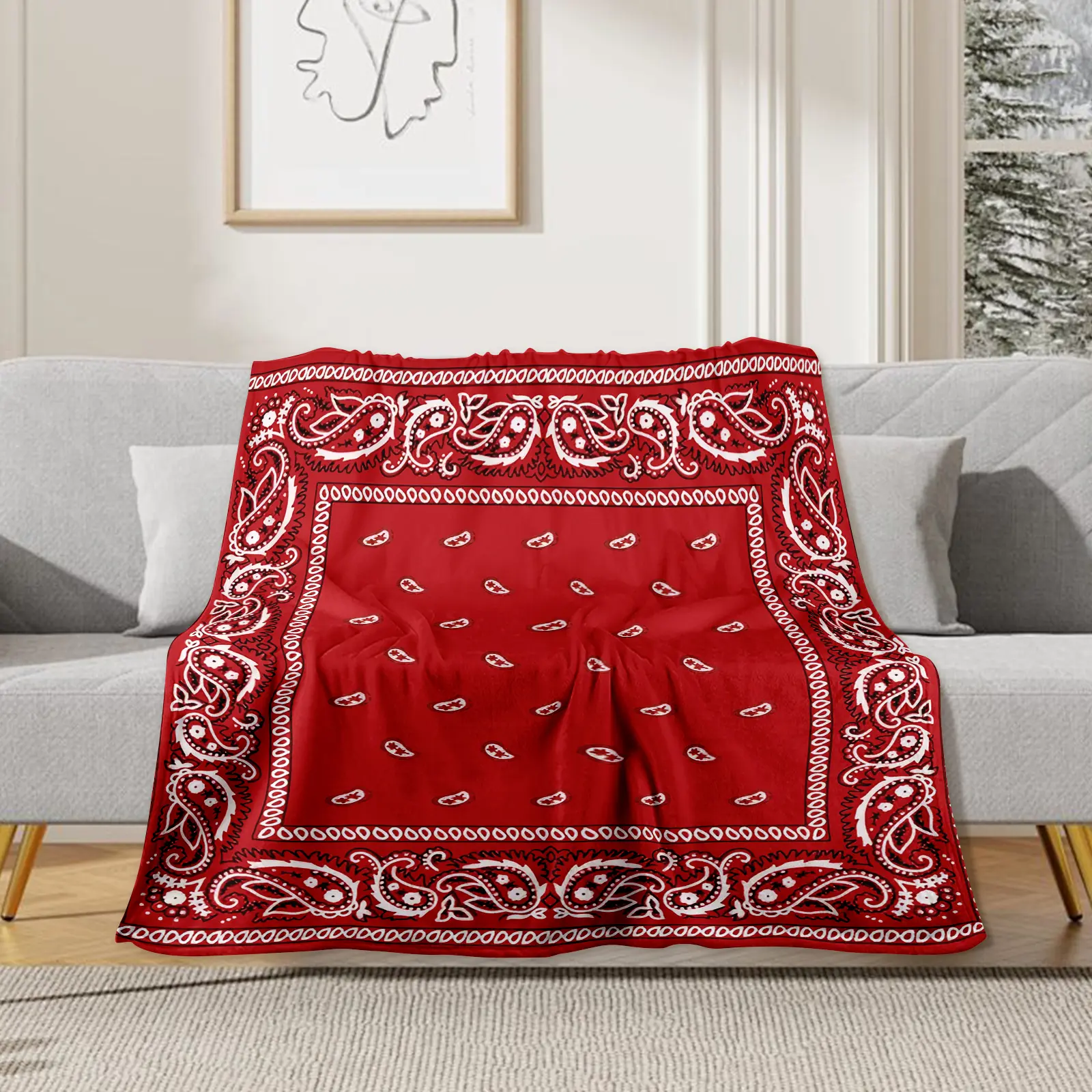 Bandana-Inspired Red Decorative Throw Blanket, High-Quality Ultra-Soft Thickened Design Single-Size Blanket for Year-Round Comfort