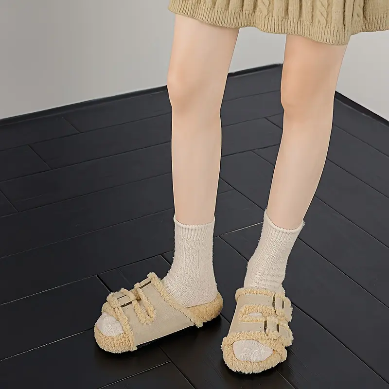 Women's Plus Size Plush Open-Toe Slides - Non-Slip Backstrap, Cozy Warm Lining, Casual Indoor Outdoor Lounging Slippers, Rubber, Fabric, Slip On, Backstrap Grip, Padded Strap, Outdoors, Warm Interior