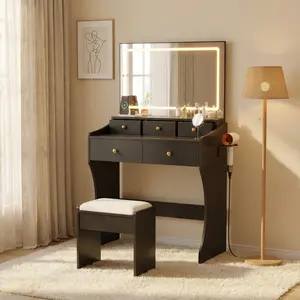 LED Vanity Set with Vanity Chair – Indoor Furniture Dressing Desk with Mirror, Power Outlet, Hair Dryer Holder, 5 Drawers, Cushioned Seat, for Makeup Use, White/Black, Chair For Vanity