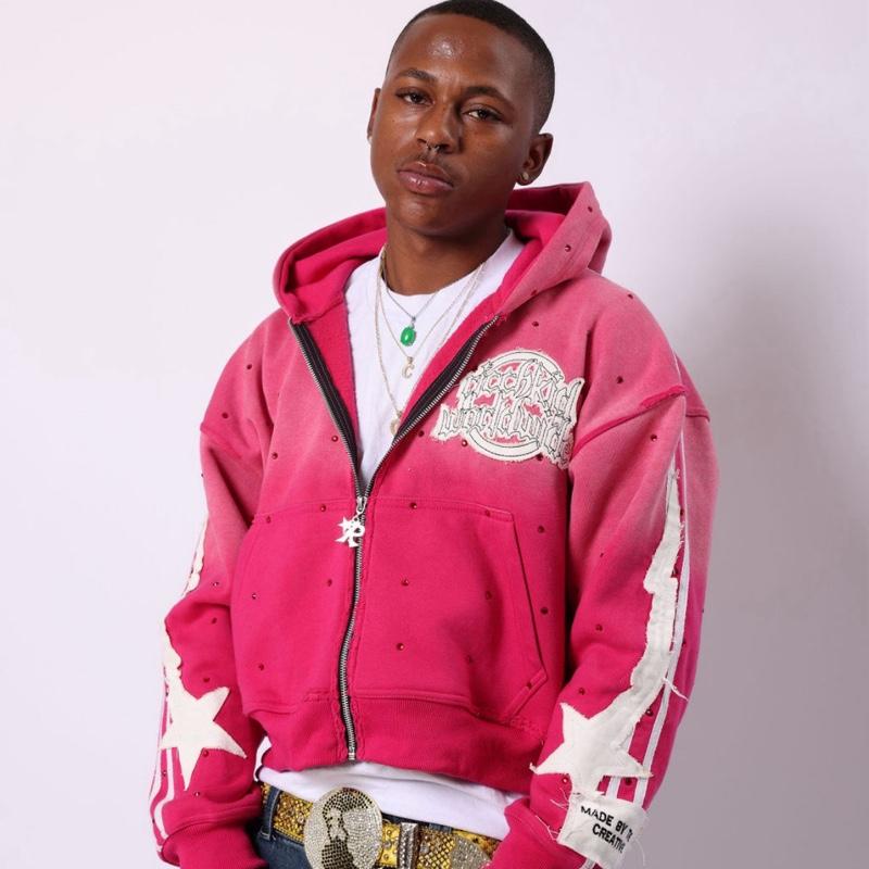 Distressed Pink Petal Zip Up Hoodie with Red Rhinestones