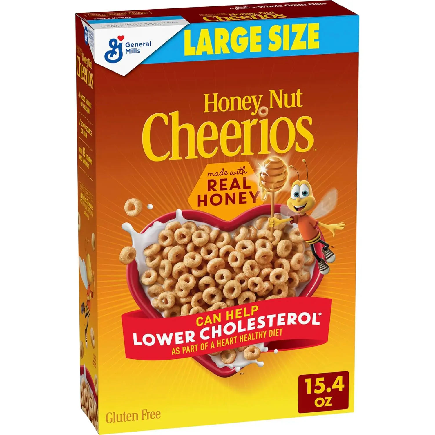 Honey Nut Cheerios Heart-Healthy Gluten-Free Whole-Grain Oats Breakfast Cereal, Natural High-Fiber Food for Milk Pairing, Large 15.4 oz Pantry Cupboard Staple
