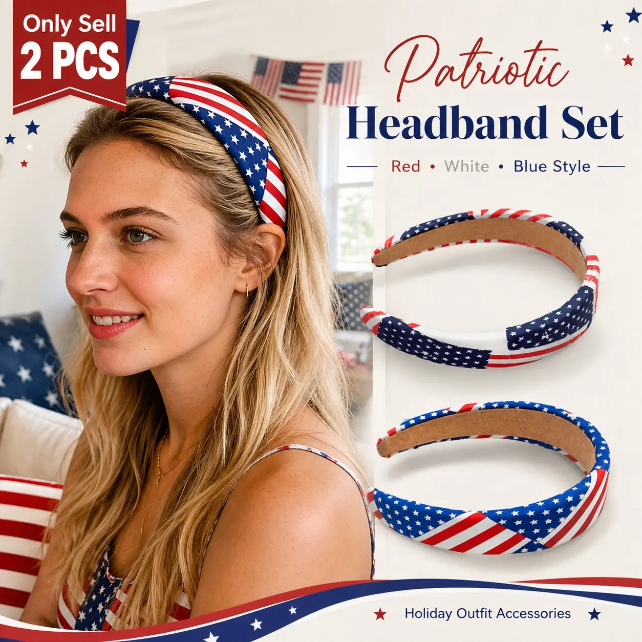 2PCS 4th of July Festive Accessories Patriotic Star Tinsel Headbands, Red White Blue Tassel Hair Hoop Set, Independence Day Versatile Hair Decorations for Parade, Festival, Party Outfits & Holiday Photos