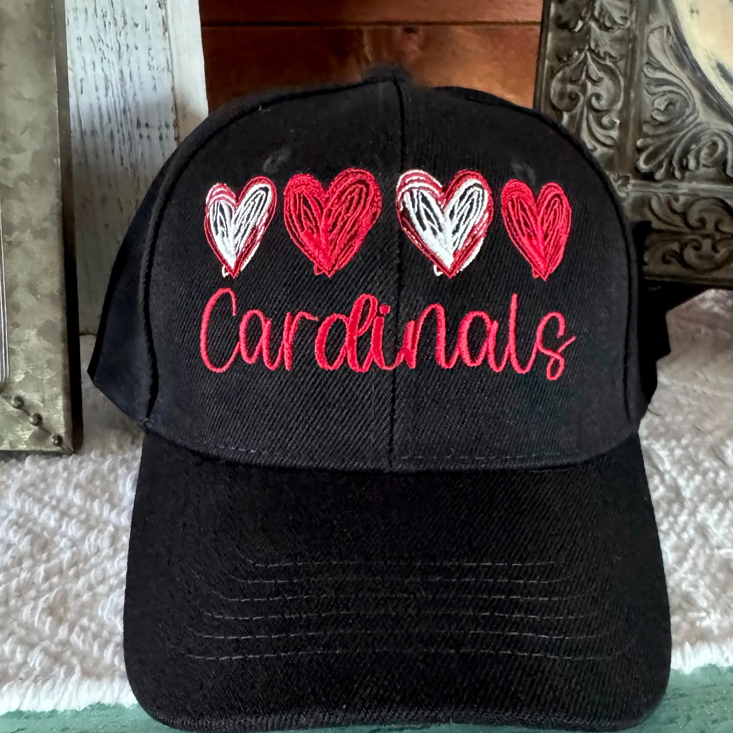 Cardinals Sport Hat with Red Heart Design and Cardinals Text Black Color