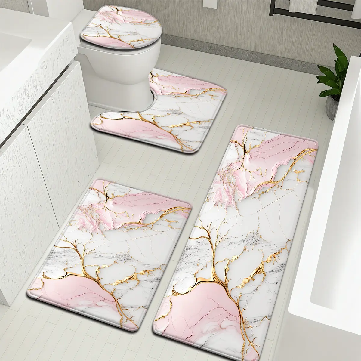 3pcs/4pcs Pink and White Quicksand Golden Marble Pattern Bathroom Mat Set, Toilet Lid Cover and Rug, Bathroom Decor, U-Shaped Foot Mat