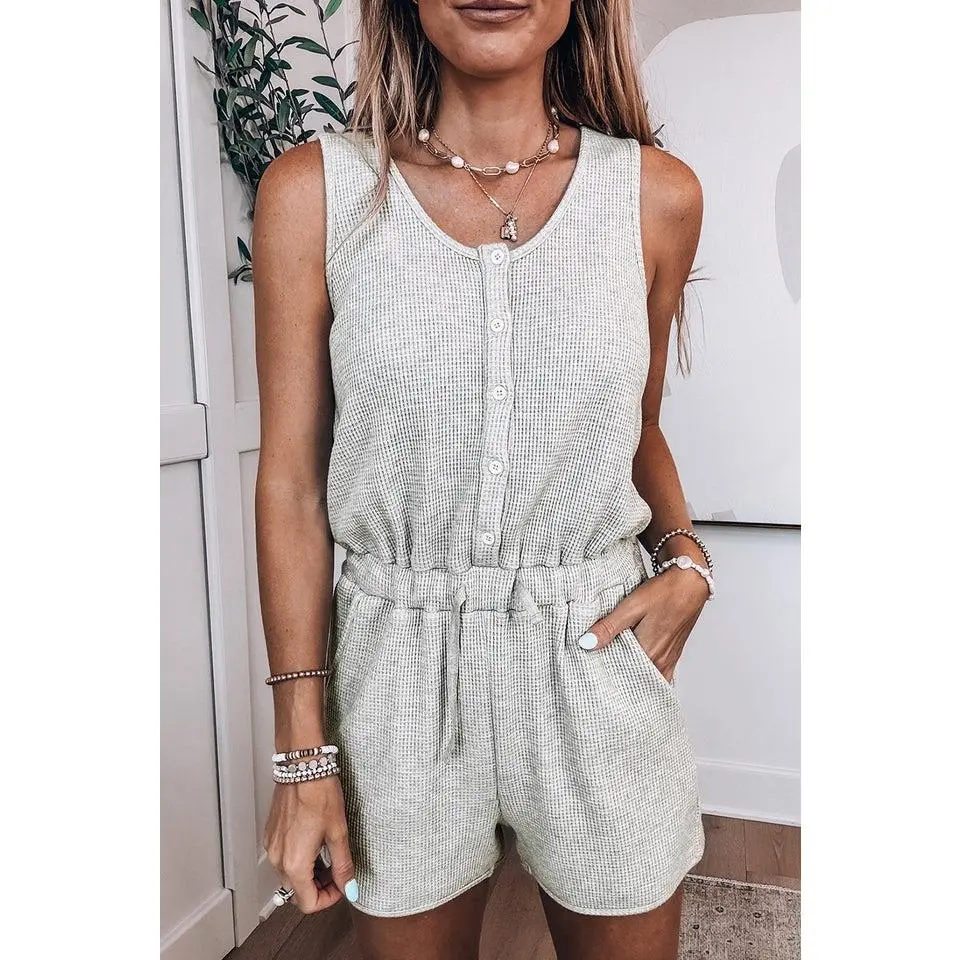 Light Grey Waffle Knit Sleeveless Buttoned Front Drawstring Waist Romper