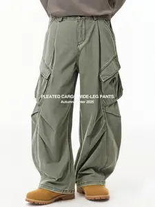 INFLATION baggy pants Fashion Large Pocket Pleated Cargo Wide Leg Pants Autumn New American Style Functional Outdoor Casual Trousers baggy pants All Season Performance Pant Menswear Plain Beige Wideleg Street wear
