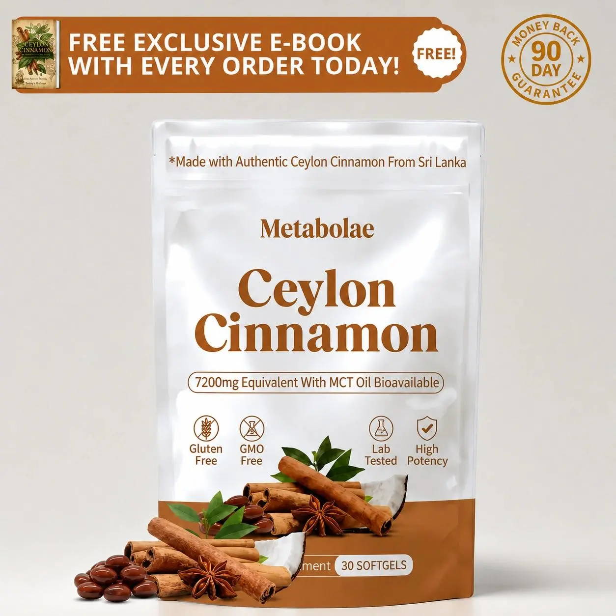 Metabolae Ceylon Cinnamon 7200mg Equivalent with MCT Oil, Highly Bioavailable Herbal Extract, Non-GMO, Gluten Free - 30 Softgels per pack