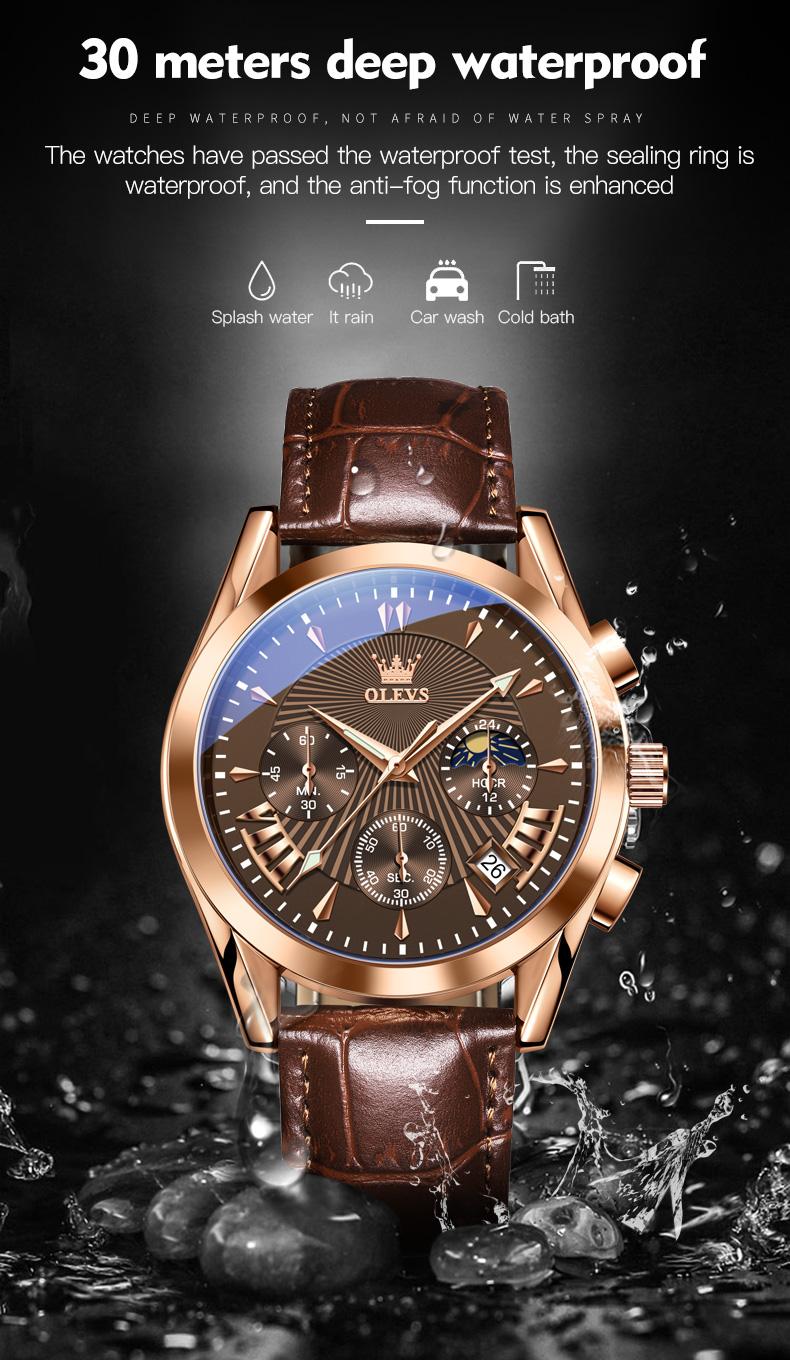OLEVS Men’s Chronograph Watch Leather Strap Waterproof Quartz Wristwatch with Date Moon Phase Luminous Hands Business Casual Gift for Men 2876
