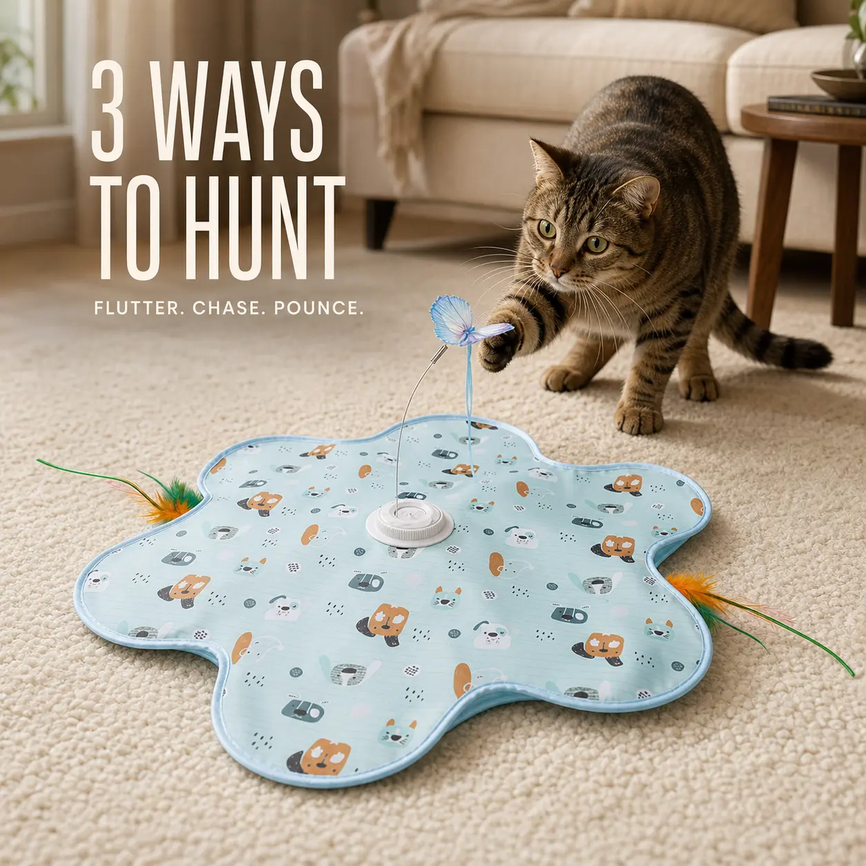 OmniPets Automatic Cat Toy For Indoor Cats 3 Way Interactive Hide And Seek Mat With 2 Moving Feather Wands Chirping Butterfly 3 Play Modes USB C Rechargeable For Multi Cat Homes Kittens Realistic bird sound