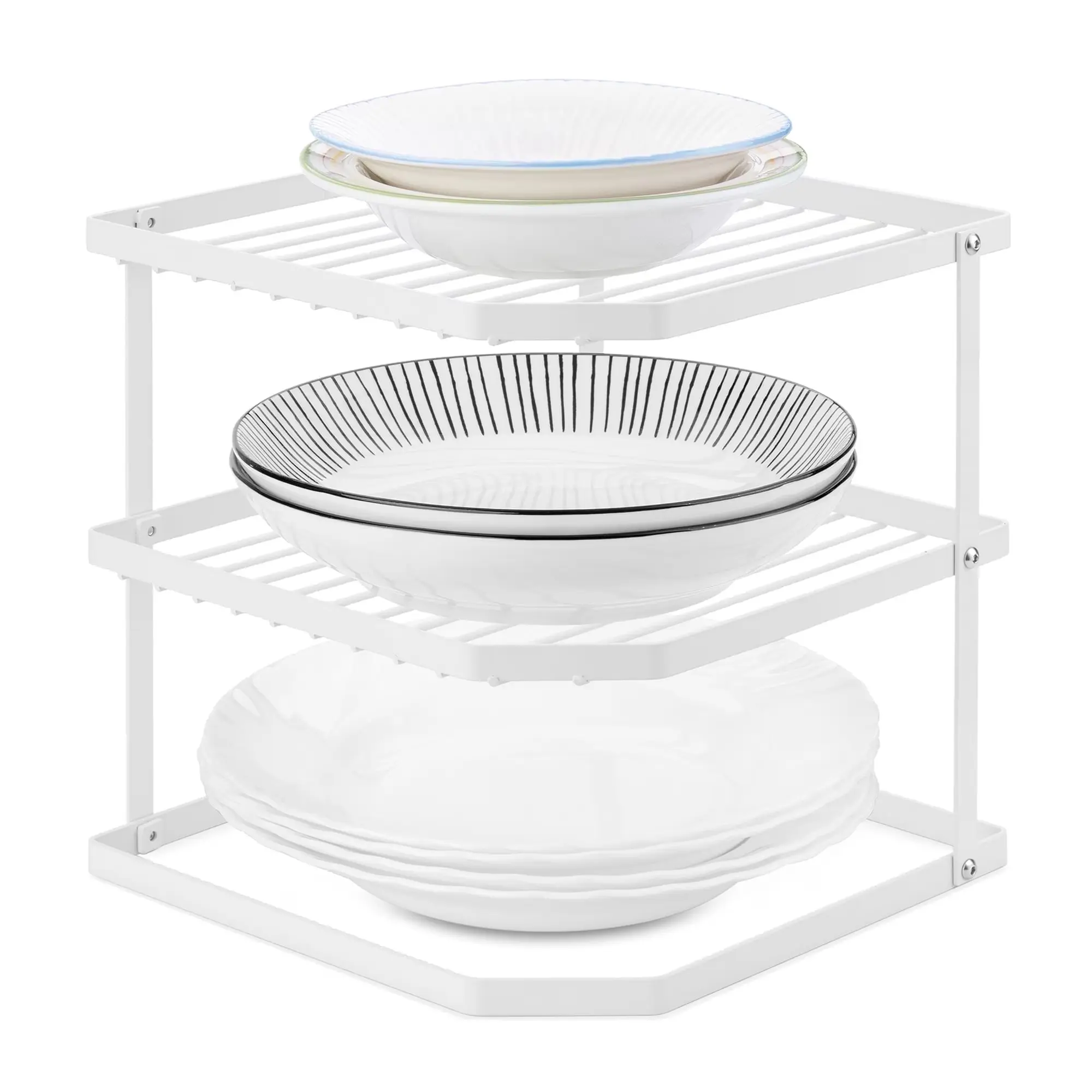 3 Tier Kitchen Corner Shelf Rack Plate Organizer for Cabinet and Countertop, Sturdy Metal Wire Storage Riser for Dishes Cups Bowls White