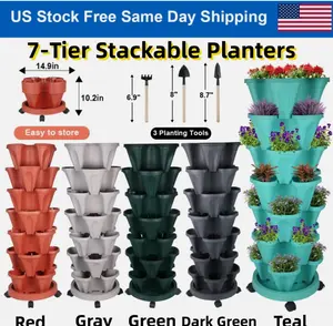 7-Tier Stackable Planters Vertical Planter Garden Flower Pot w/ 4 Wheels & Tools