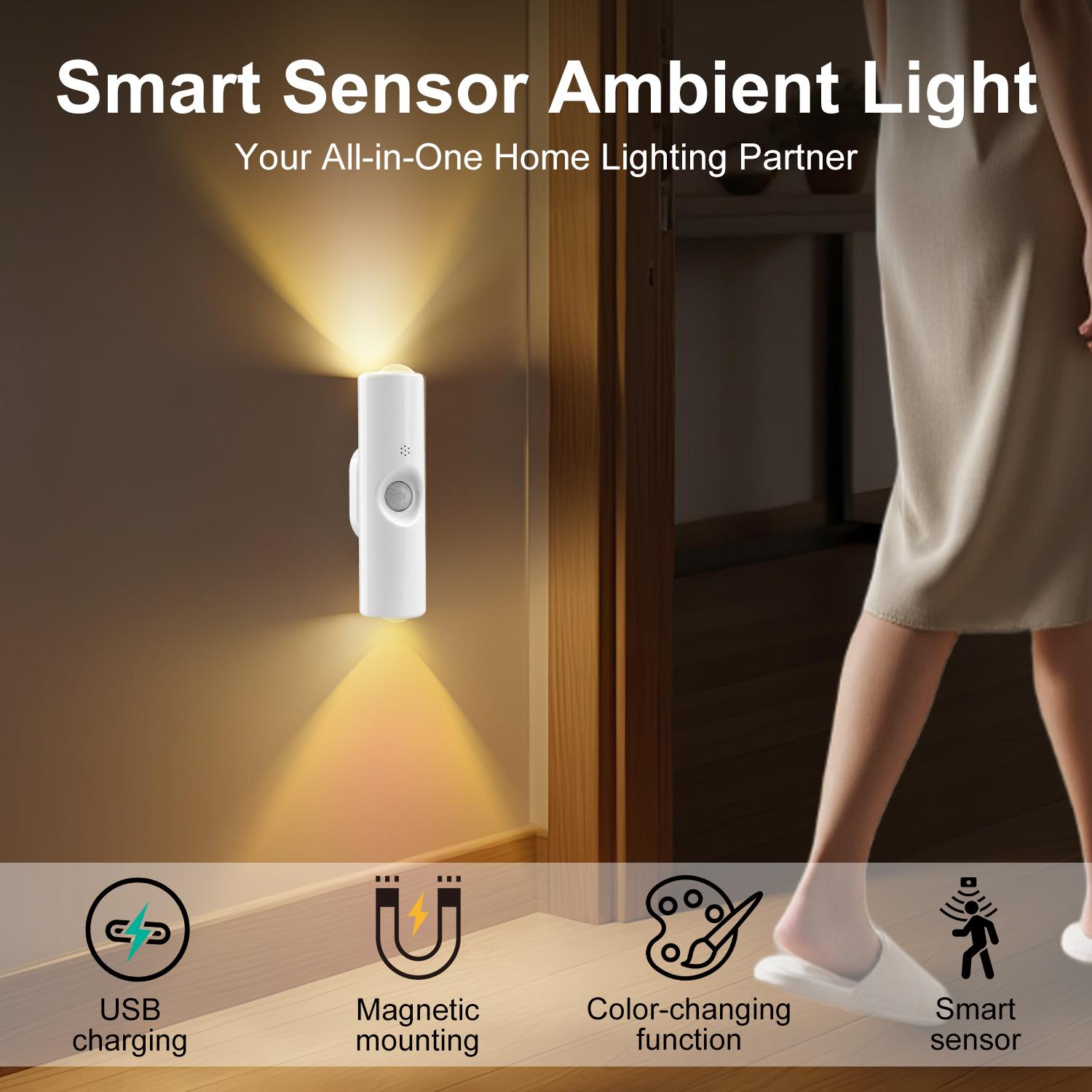 Smart Rechargeable LED Night Light with Motion Sensor | RGB Gradient Ambient Lighting, Dimmable Wall Lamp, Magnetic Stick-On Design, USB Charging, Long Battery Life, Ideal for Halloween Decor, Bedroom, Stairs