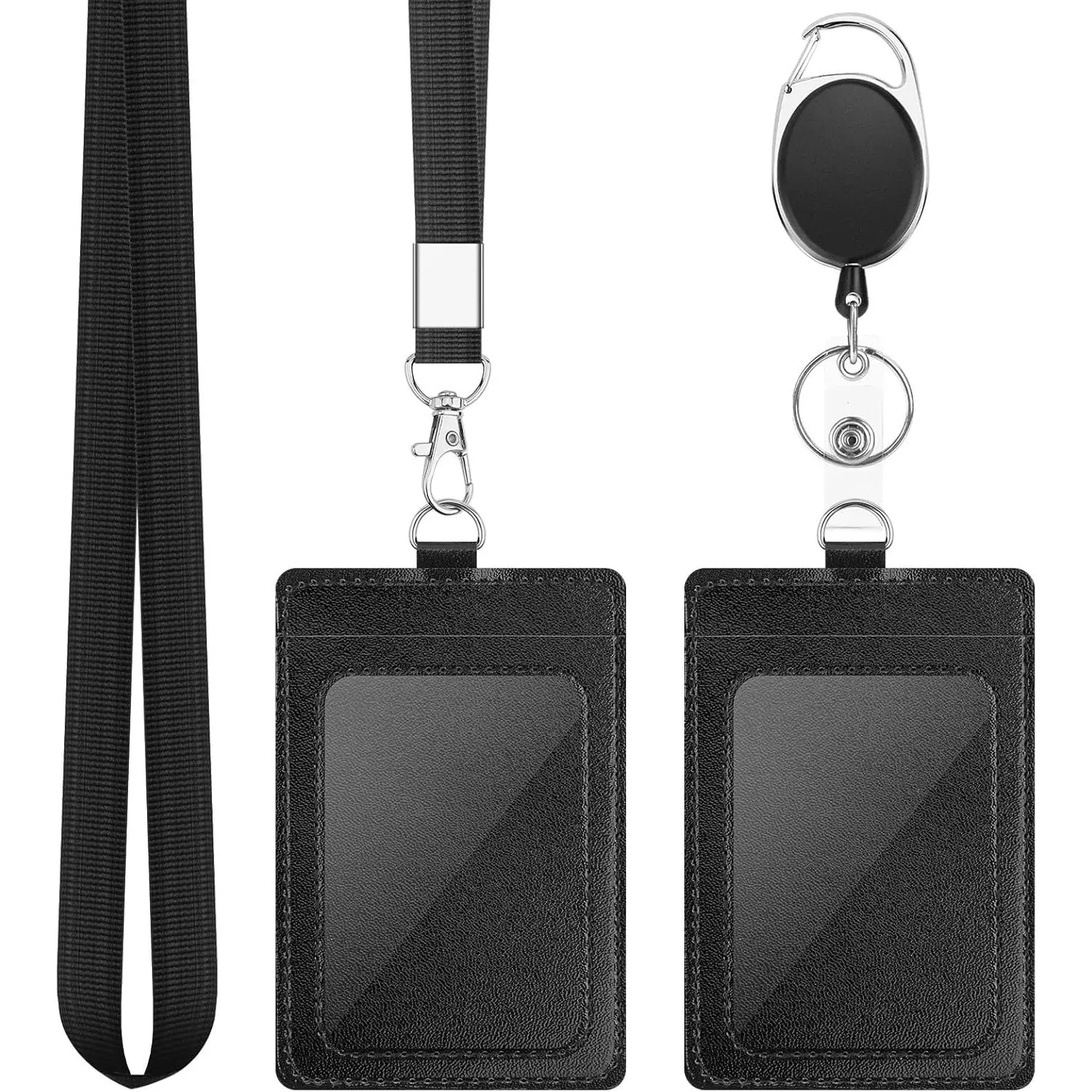 2 Pack Badge Holders, Vertical PU Leather ID Badge Card Holder with Detachable  Lanyard Strap and Retractable Badge Reel ID Card Holders Set