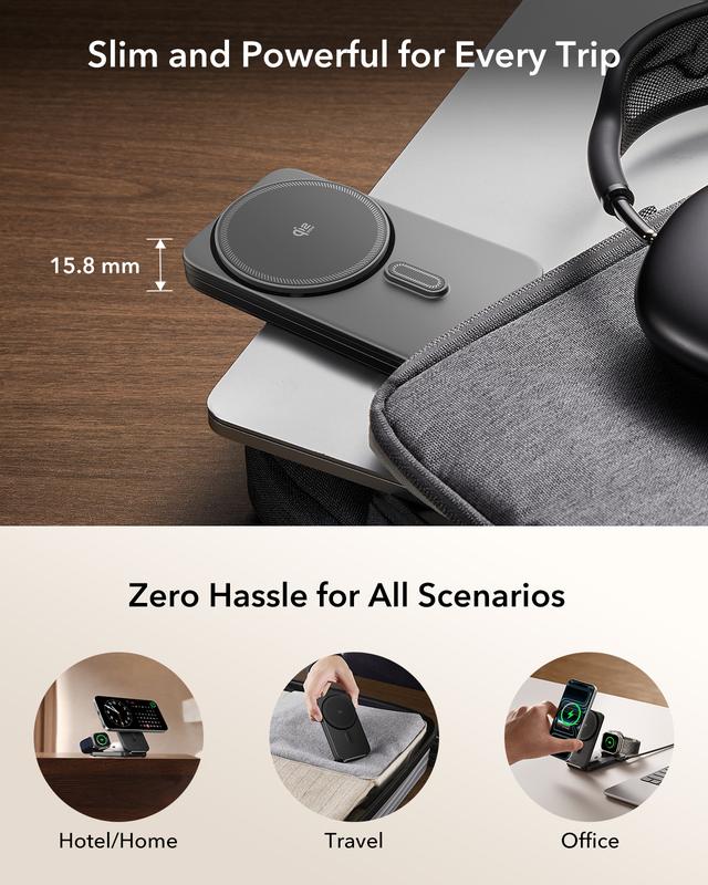 ESR 3 in 1 Charging Station for Apple, Qi2.2 25W MagSafe Charger with CryoBoost, Phone-Cooling Wireless Charging Station Foldable, for iPhone 17/16 with iOS 26(50W Adapter), AirPods, Apple Watch,Black