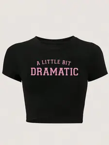 Black Cropped "A Little Bit Dramatic" Bold Attitude Tee - 2026 Trending Streetwear, Stretchy Soft Fabric Perfect for Parties & Daily Outings, Bold Pink Print That Stands Out, Versatile Slim Fit