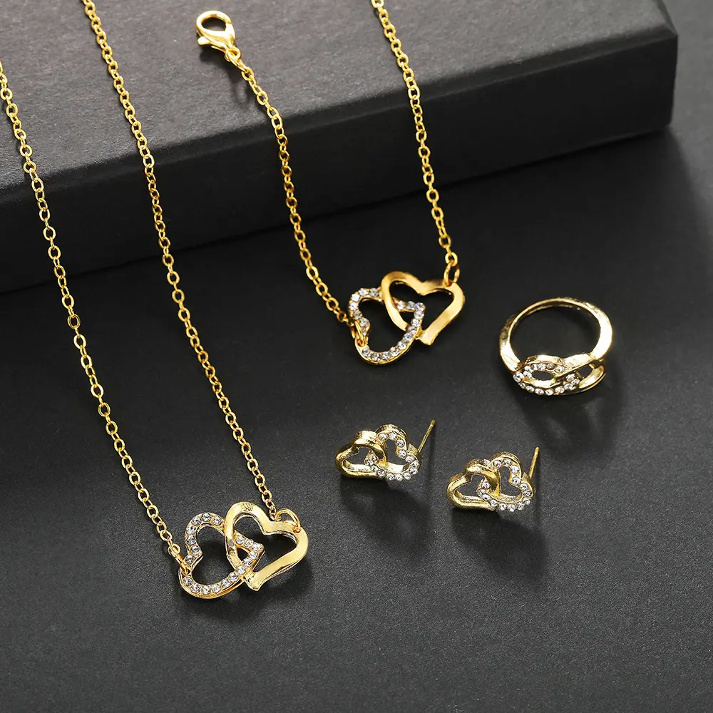 Women's 4-Piece Alloy Costume Jewelry Set - Complete Accessories Matching Set with Shiny Rhinestone Double Heart Pendant Necklace, Bracelet, Stud Earrings, Rings - Elegant Fashion Party Gifts, Complete Accessories Set, Matching Jewelry Set