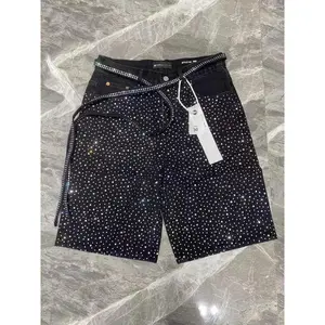 Mens Womens Streetwear Vintage Rhinestone Sequin Denim Shorts Y2K Hip Hop Washed Baggy Low Rise Over The Knee Jeans Casual Daily Wear Trendy Street Style Bottoms