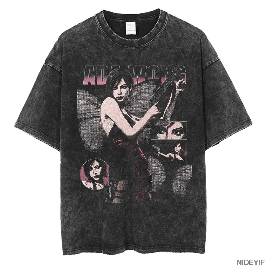 1990s Resident Evil Biohazard Leon Kennedy Oversized Unisex Short-Sleeve T-Shirt - 100% Cotton Vintage Washed Stylish Soft Fabric Menswear Top