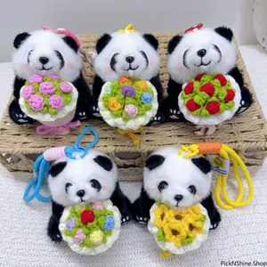 Handmade Knitted Giant Panda Doll, Simulated Chengdu Panda Holding Flower Plush Toy, Cute Panda Pendant Keychain Bag Charm For Gifts And Daily Decoration