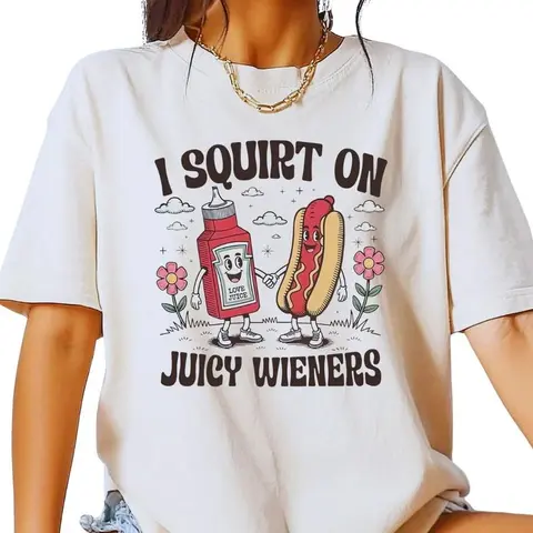 Women's Cotton Classic Round Neck Short Sleeve Lady Sports Top - Cute Humor Juicy Wieners Art, Ketchup Bold Cartoon Vibe Slogan Graphic, Elegant Athletic Minimalist Streetwear, Dry Clean Compatible, All Seasons Basic, Female Food Lover Party Gift
