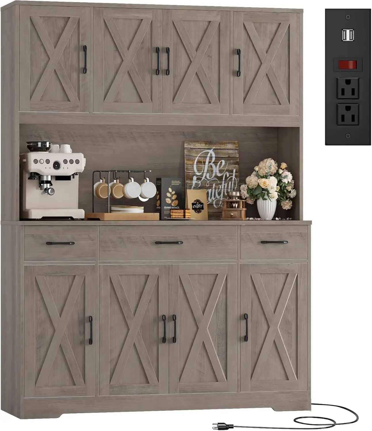 71" Tall Pantry Cabinet with Charging Station, 55" Wide Kitchen Pantry Storage Cabinet with Countertop, Large Kitchen Hutch with Storage Drawers and Microwave Stand for Dining Room, Ash Grey