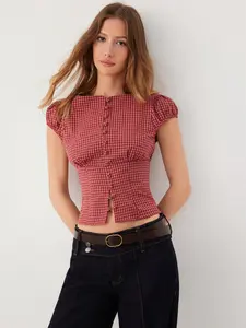 Cider Red Gingham Square Neck Puff Sleeve Blouse