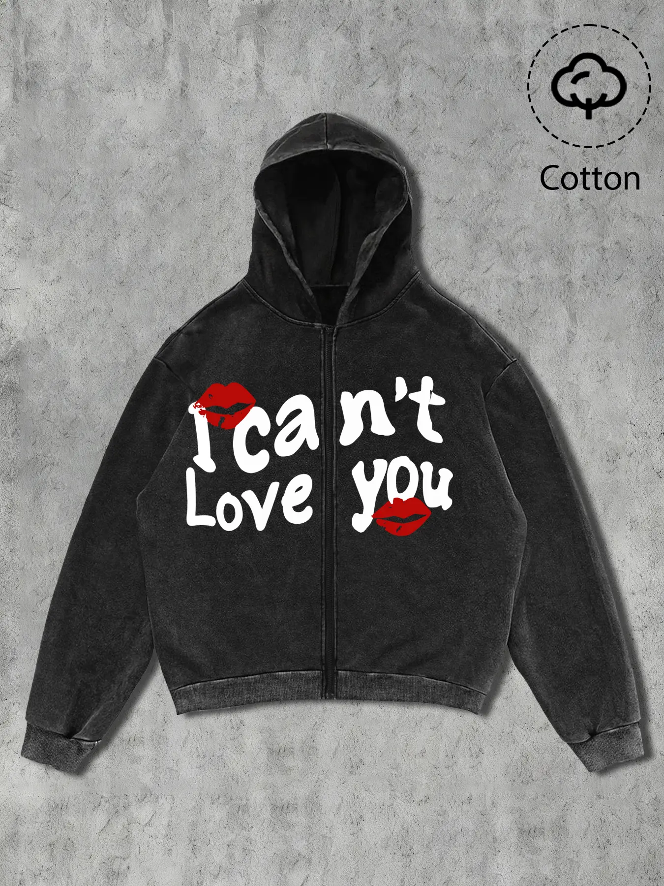 Men's Casual Hooded Cotton Jacket, Vintage Y2K Style, Classic Sports Outerwear, I Can't Love You Slogan, Lip Element