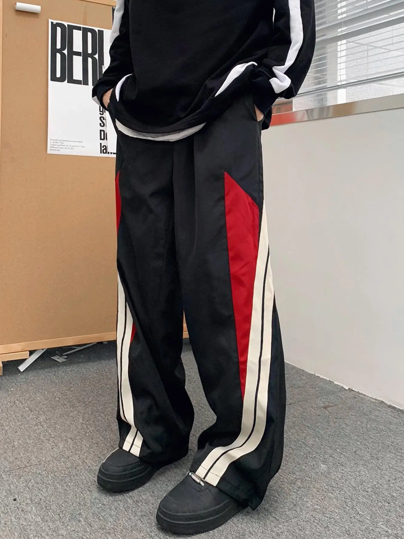 Men's Colorblock Print Drawstring Waist Wide Leg Pants, Trendy Street Style Pocket Trousers for Daily Wear, Men's Fall & Winter Bottoms, Lazy School O