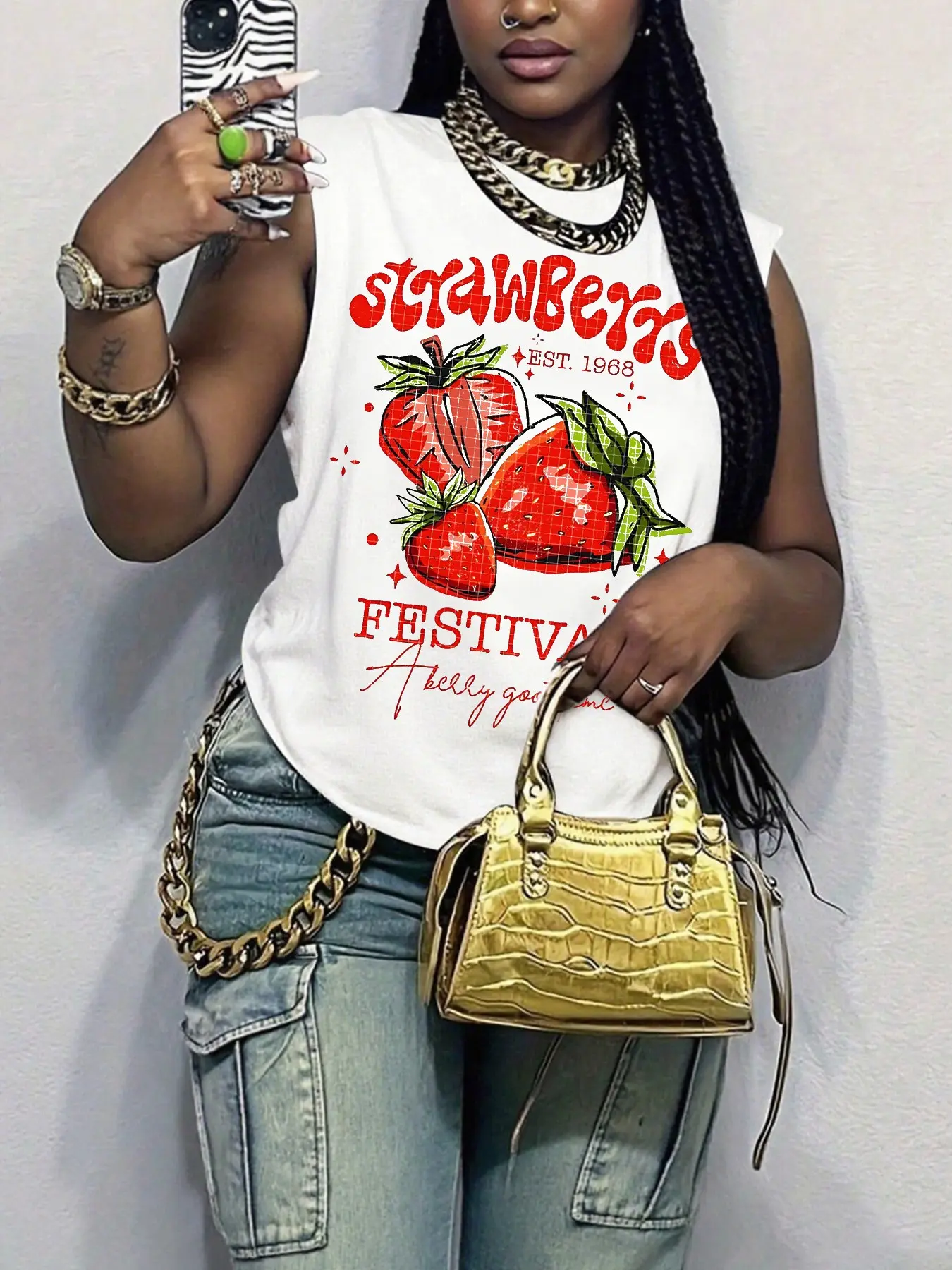 Women's Strawberry Print Round Neck Vest, Comfortable Daily Wear, Loose-Fitting Casual Everyday Top, Strawberry Pattern, Perfect for Spring and Summer
