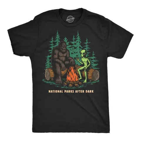 Mens Funny T Shirts National Parks After Dark Sarcastic Bigfoot Alien Graphic Novelty Tee for Men Mens Funny T Shirts Cool Vintage Fashion T-Shirt Gift Classic Menswear Sarcastic Shirts for Men Funny Camping Black -