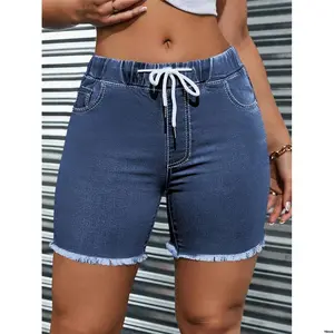 sFrayedHemDrawstringDenimShortsWithPatchPockets Women