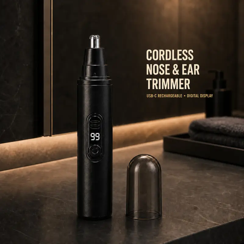 Men's Cordless Nose & Ear Trimmer, USB-C Rechargeable Trimmer with 2-Digit Battery Display, Detachable Rinse-Clean Head, Portable Stainless Steel Design