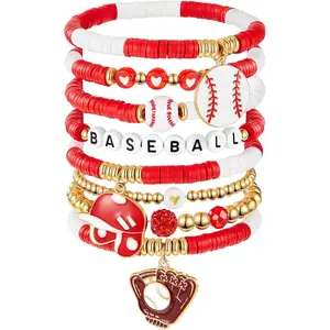 Huquary 8 Pack Sports Bracelets for Women Mom Soccer Baseball Football Volleyball Basketball Stackable Heishi Clay Beaded Bracelet Accessories Fan Outfits Jewelry Gifts for Sports Party Favor