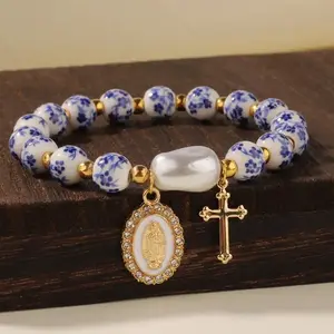 1pc Chinese-Inspired Blue & White Porcelain Bead Bracelet with Golden-Tone Alloy Accents, Natural Stone Beads & Sacred Heart Charm - Unisex Casual Jewelry for Daily Wear, Graduation, Christmas Gifts