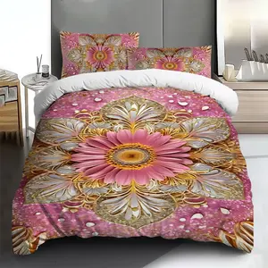 Three-piece bedding set - 2pcs/3pcs 2D Flat Pink and Gold Floral Mandala Pattern Duvet Cover Set (1 duvet cover + 1/2 pillowcases, no insert), multi-color printed bedding set, soft and comfortable, suitable for family bedrooms and guest rooms.