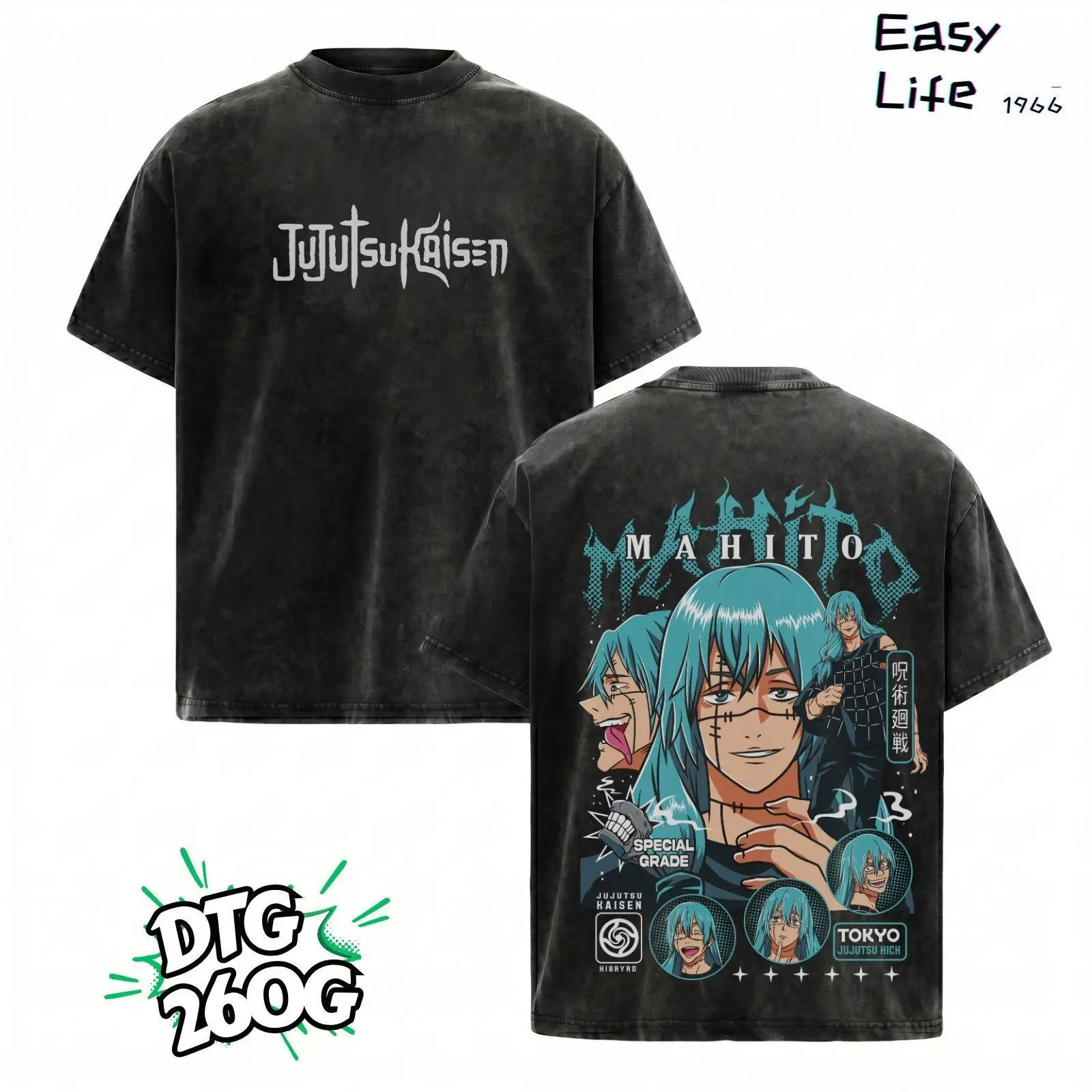 Men's Vintage Jujutsu Kaisen Mahito Graphic T-Shirt - 100% Cotton Heavyweight Oversized Acid Wash Short Sleeve Crew Neck Fashion Top, Multi-Panel, High-Fidelity Bold Anime Print, Streetwear
