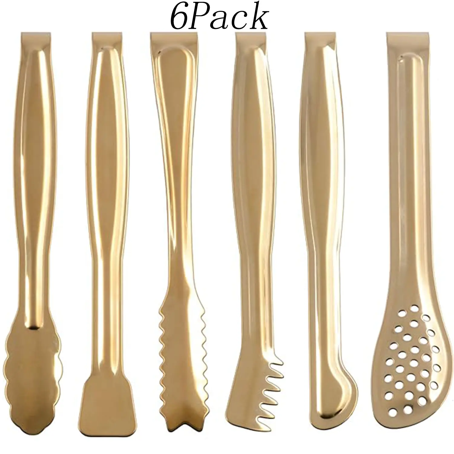 6-Pack 6-Inch Classic Golden Plated Stainless Steel Mini Serving Tongs Utensils - Various Shaped Kitchenware for Appetizers, Weddings - Ideal Christmas Gift for Friends