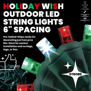 Holiday Wish Motion Effect with Red Green and Cool White Strobe Waterproof Christmas Lights, 5mm LED Commercial Indoor/Outdoor Mini Lights Set with 50 LEDs Spaced at Six Inches Apart