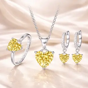 Silver-Tone Heart Cut Red Cubic Zirconia Jewelry Set (Necklace, Earrings, Ring) for Women