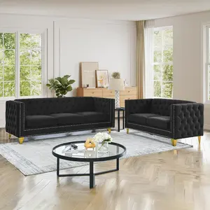 Chesterfield Sofa Set of 2, Modern Velvet Couch with Button Tufted & Nailhead Trim, Upholstered Deep Seat Couch, Comfy Sofa for Living Room, Bedroom, Apartment, Office(58" W + 80.5" W, Black)