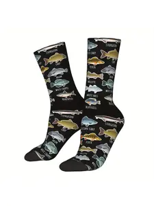 1pc Men'S Fishing Enthusiast Crew Socks - Full-Body Printed Fish Species Design, Durable Polyester & Elastane Blend, Black with Colorful Fish Patterns, Comfort Fit for Outdoor Activities & Casual Wear, Fishing Gear, Active Lifestyle