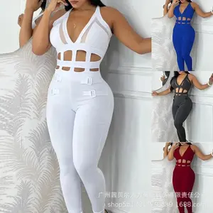 2024 New White Waist Hollow Strap Neck Tight Jumpsuit Fashion Trend Sleeveless Spring And Autumn Solid Color Womenswear Overalls