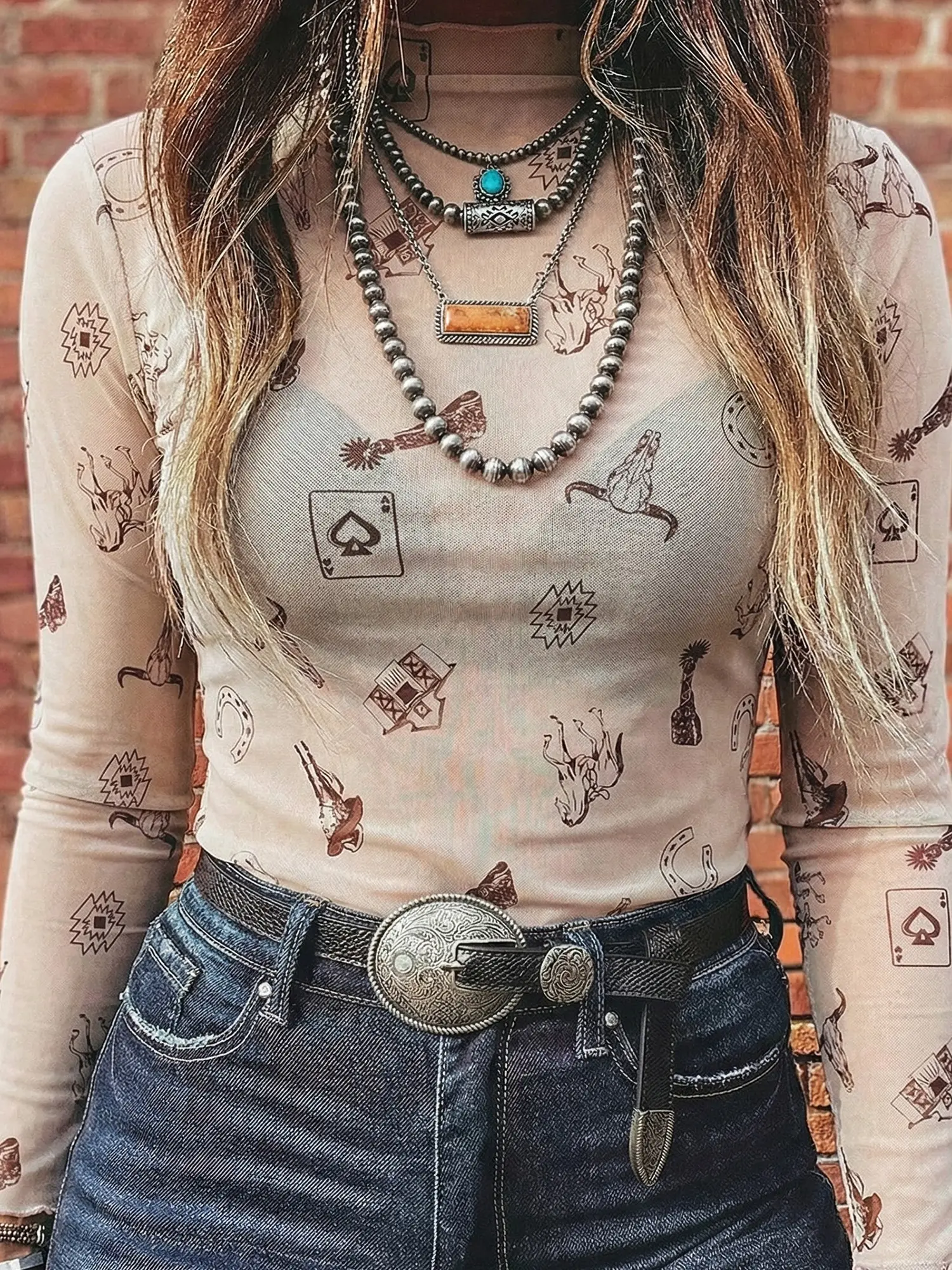 Women's Western Cowgirl Sheer Top | Smooth Long Sleeve Mock Neck Shirt with Horse & Bull Skull Print, Retro Country Concert Aesthetic