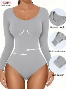 Women's Ribbed Abdominal Control Underwear Shapewear Bodysuit, Long Sleeve Round Neck, Cropped, Seamless Comfort, Soft Elastic Stretchy Fabric, Fit, Perfect Daily Wear, Spring Wear