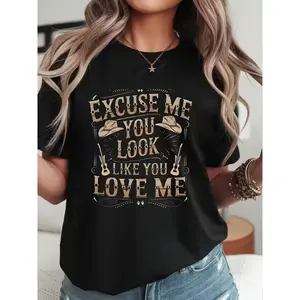 Excuse Me You Look Like You Love Me Graphic Tee Womens Country Western Cowboy Hat And Guitar Print Shirt Oversized Loose Fit Soft Cotton Short Sleeve Casual Summer Outfit