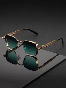 Vintage Steam Punk Square Frame Fashion Glasses, metallic Full Frame Anti-reflective PC Lens, Unisex Party, Driving & Dress Up Event Glasses, Classic Shades