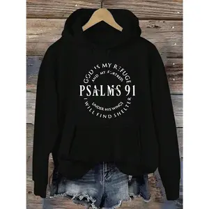 Stylish Psalm Women's  Graphic Hoodie - Soft 100% Polyester Knit Fabric, Cozy Hooded Pullover With Convenient Pocket, Vibrant Religious Alphabet Print Design, Perfect For Spring, Summer, And Fall Seasons