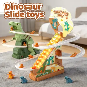 dinosaur stair climbing toy, electric double track with lighting and music, automatic dinosaur stair climbing toy suitable for children over 3 years old, educational interactive game set for children boys and girls.