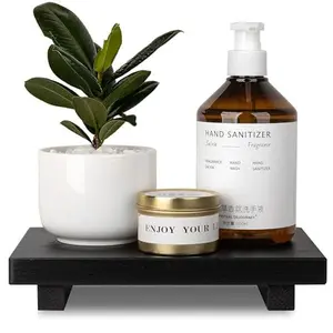 Bathroom Counter Organizer Wood Pedestal Stand Farmhouse Decorative Tray Soap Holder for Kitchen Decor, 9" x 6" - Black